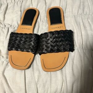 Tahari Black and Tan Woven Sandals